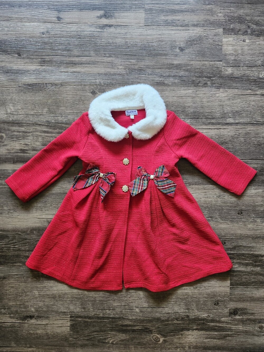 Blueberi Boulevard Red Girls' Pea Coat with White Faux Fur Collar